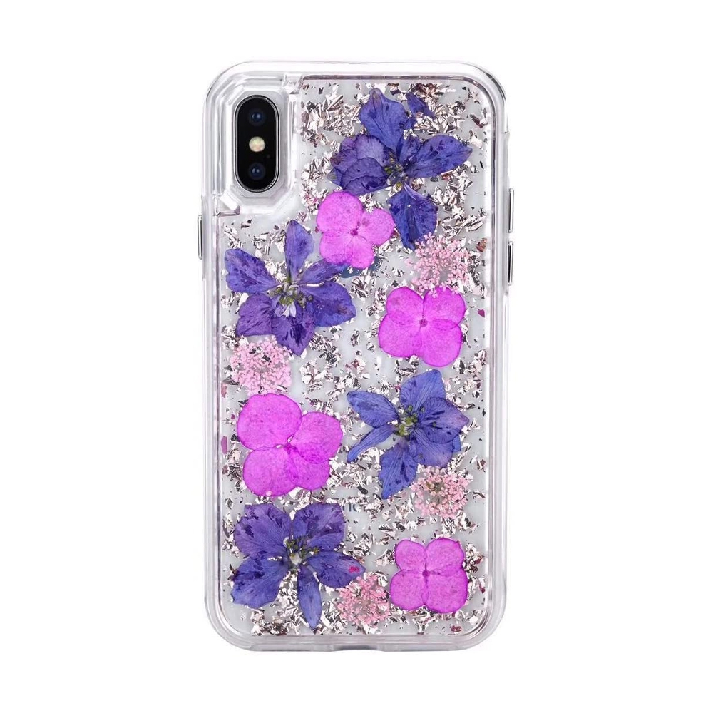 Dried Flower Bling Gold Foil Clear Case Cover for iPhone X / XS-Silver+Pink