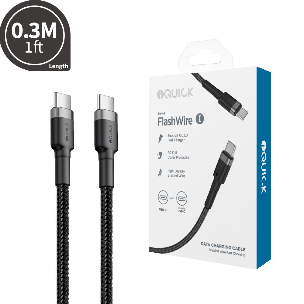 iQuick Braided USB-C to USB-C Fast Charging Cable 0.3M for iPhone 15 16 Series