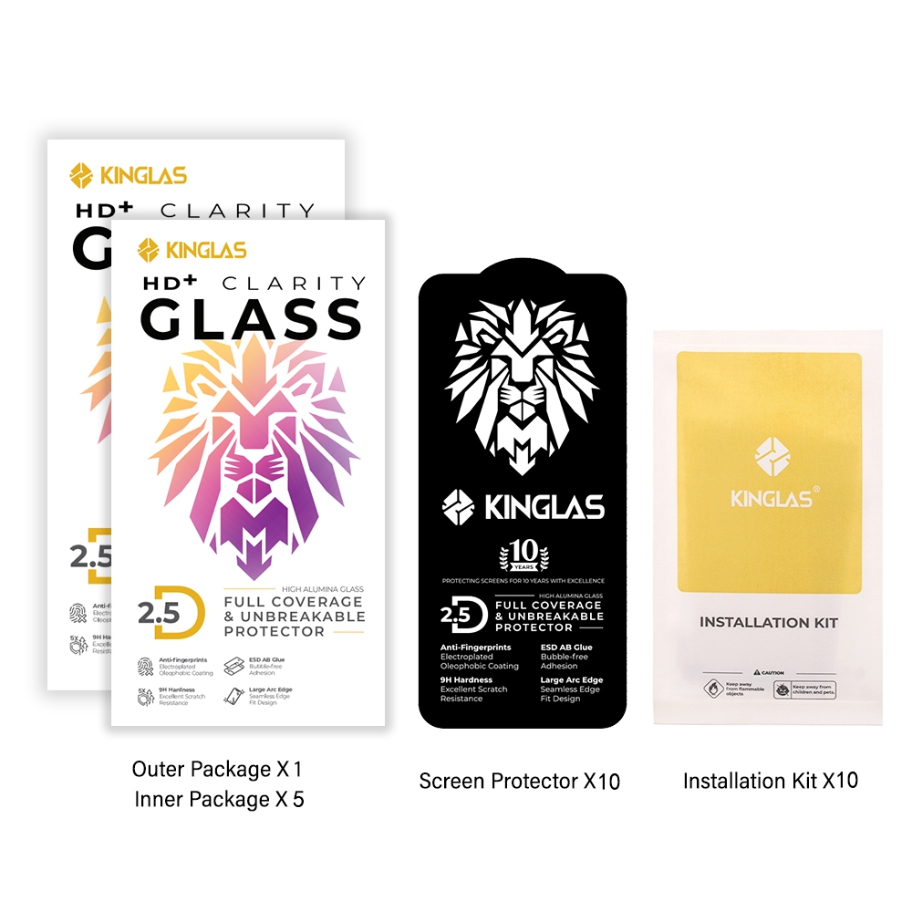 iPhone 16 Pro / 17 / 17 Pro Kinglas 10 Packs 2.5D Full Coverage Silk Printing HD+ Clarity Glass Screen Protector 