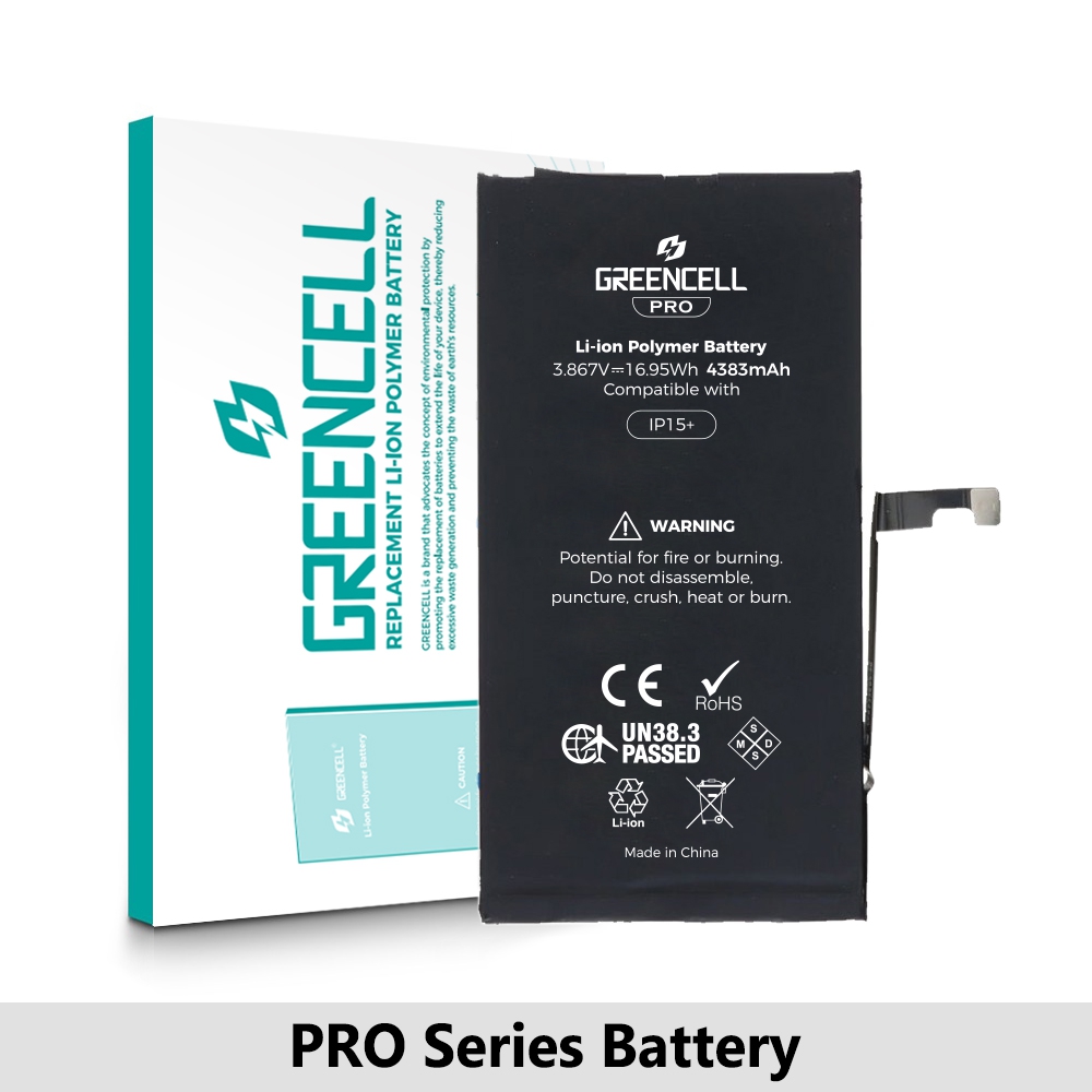 Greencell PRO series- iPhone 15 Plus Replacement Battery with Adhesive Strips 4383mAh (TI chip -27546-A3 IC & Original Cell)