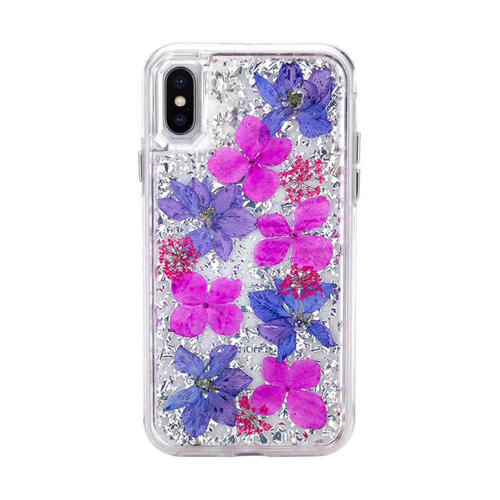 Dried Flower Bling Gold Foil Clear Case Cover for iPhone X / XS-Silver+Pink