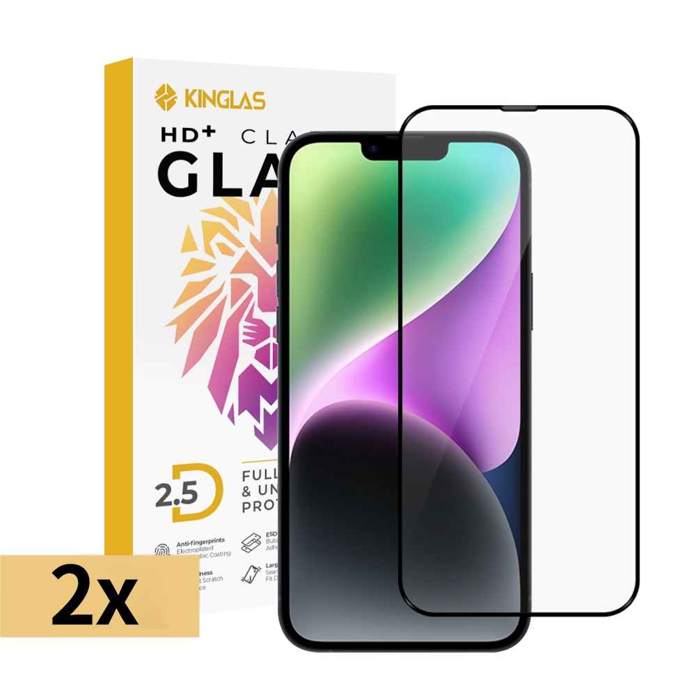 Kinglas 2 Packs 2.5D Full Coverage Silk Printing Black Edge Tempered Glass Screen Protector For iPhone 13 Pro Max / 14 Plus