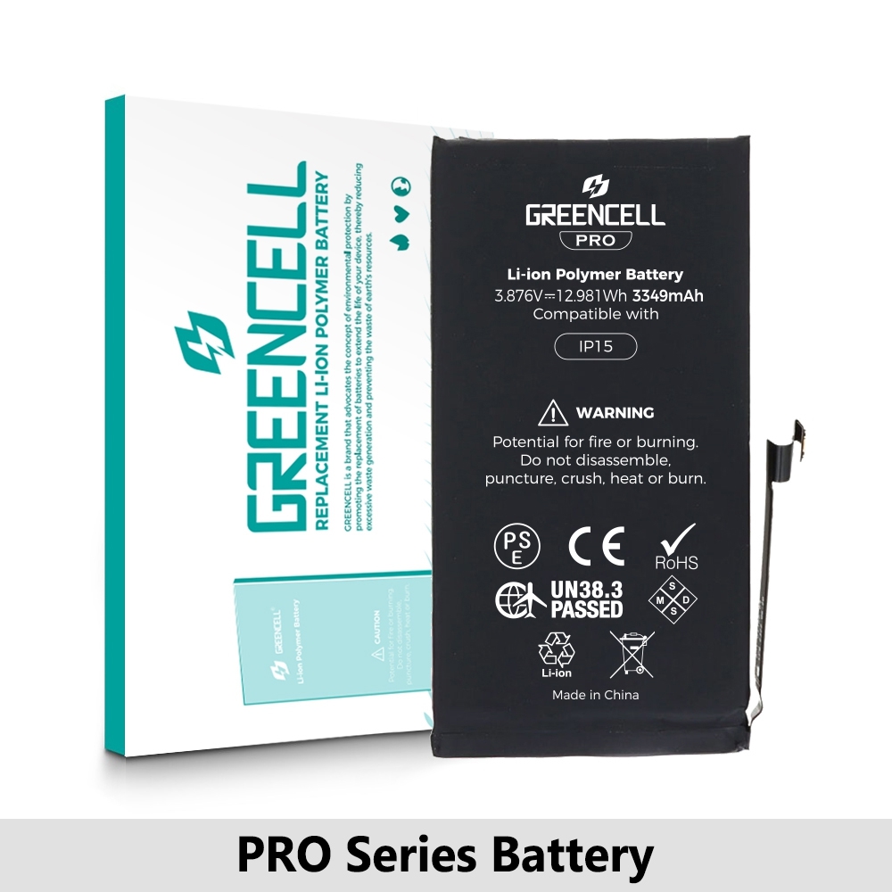Greencell PRO series-iPhone 15 Replacement Battery with Adhesive Strips 3349mAh (TI chip -27546-A3 IC & Original Cell)