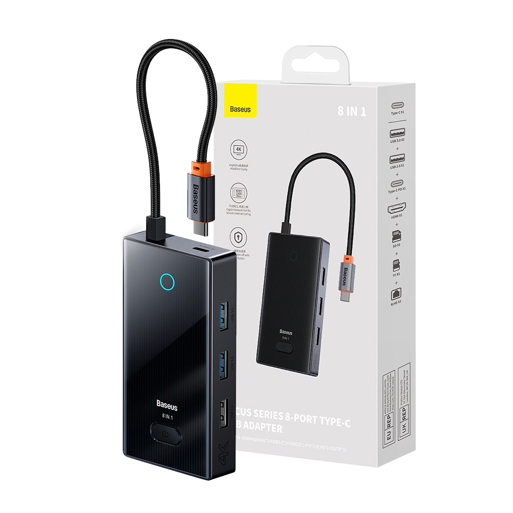 Baseus PioneerJoy 8-Port Type-C HUB Adapter (Type-C to HDMI4K@60Hz*1+USB3.0*2+USB2.0*1+PD*1+RJ45*1+SD/TF*1)