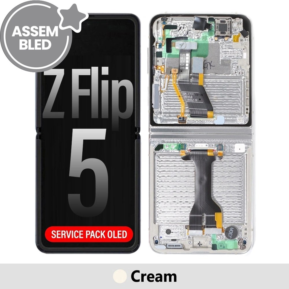 ASSEMBLED OLED Screen Replacement with Frame for Samsung Galaxy Z Flip5 5G F731B -Cream ( BLACK SCREEN FIX VIDEO: https://www.youtube.com/watch?v=-OiMGUs9N7U )