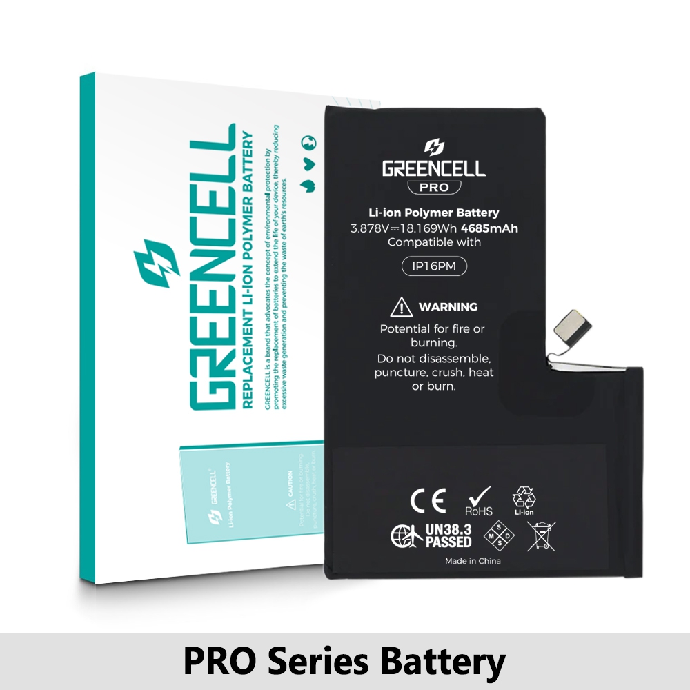 Greencell PRO series-iPhone 16 Pro Max Replacement Battery with Adhesive Strips 4685mAh (TI chip -27546-A3 IC & Original Cell)