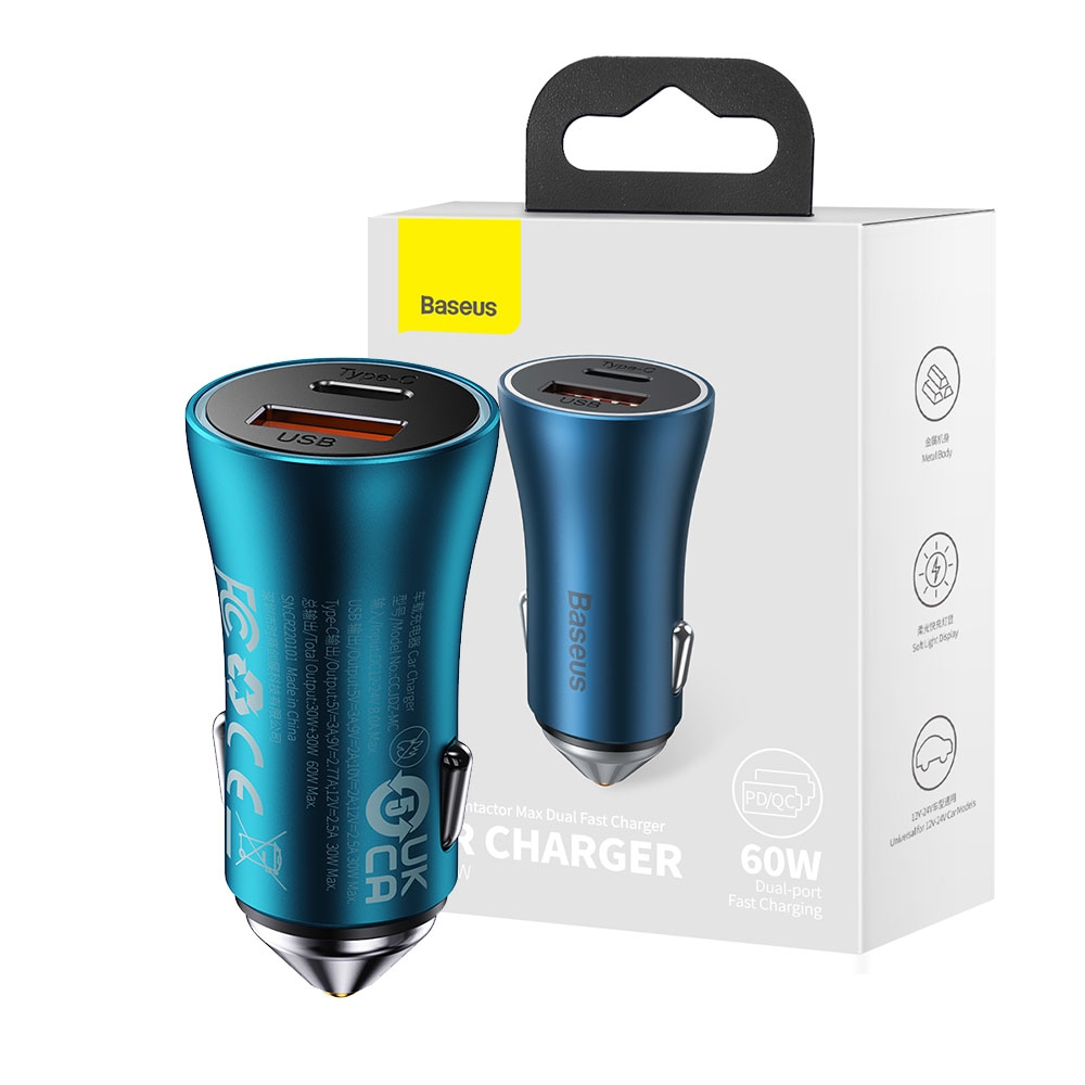 Baseus Car Charger Golgen Contactor Max-USB+Type U+C 60W -Blue