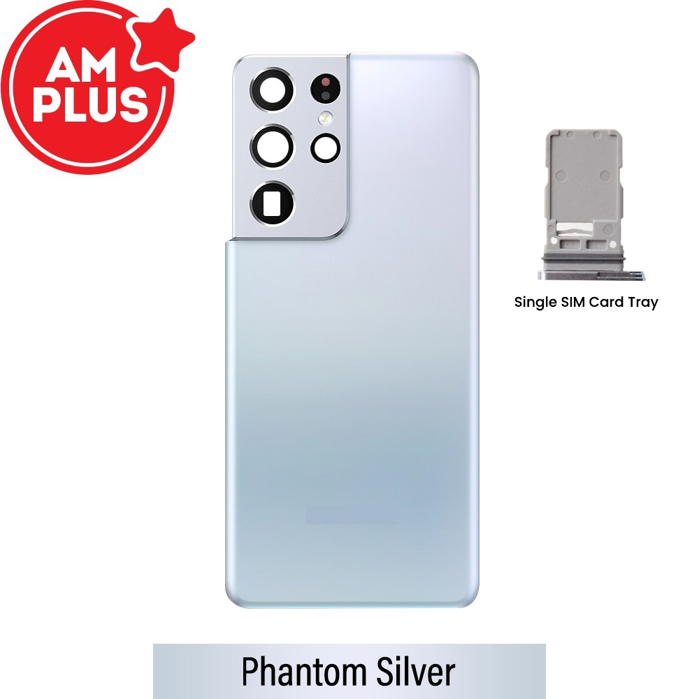 AMPLUS Rear Cover Glass with Single SIM Card Tray for Samsung Galaxy S21 Ultra G998-Phantom Silver
