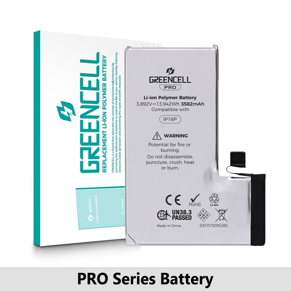 Greencell PRO series-iPhone 16 Pro Replacement Battery with Adhesive Strips 3582mAh (TI chip -27546-A3 IC & Original Cell)