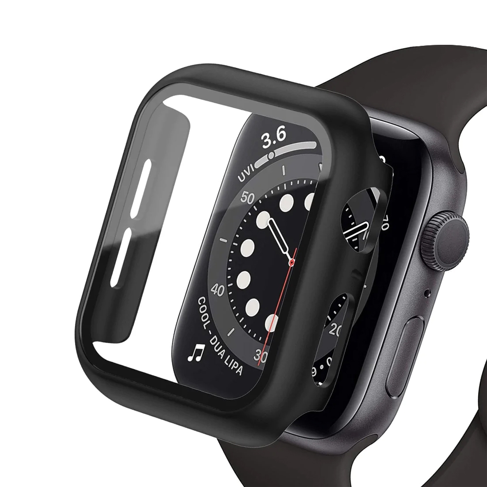 Hard PC Case with Tempered Glass Screen Protector for Apple Watch Series 7 / 8 45mm-Black