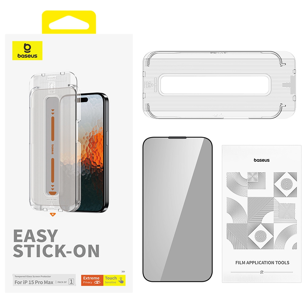 iPhone 15 Pro Max Baseus Sapphire Series Privacy Protection Tempered Glass Screen Protector (with Dust Filter)
