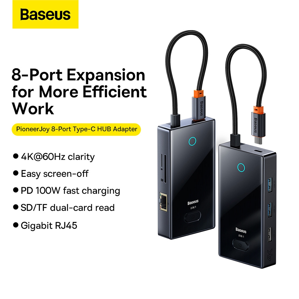 Baseus PioneerJoy 8-Port Type-C HUB Adapter (Type-C to HDMI4K@60Hz*1+USB3.0*2+USB2.0*1+PD*1+RJ45*1+SD/TF*1)