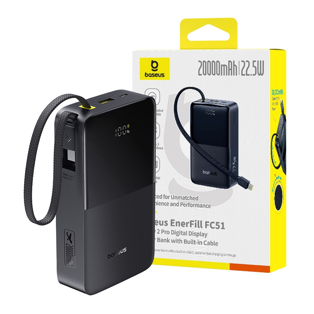 Baseus EnerFill FC51 Bipow2 Pro Digital Display Power Bank with Built-in Cable 20000mAh 22.5W-Cosmic Black