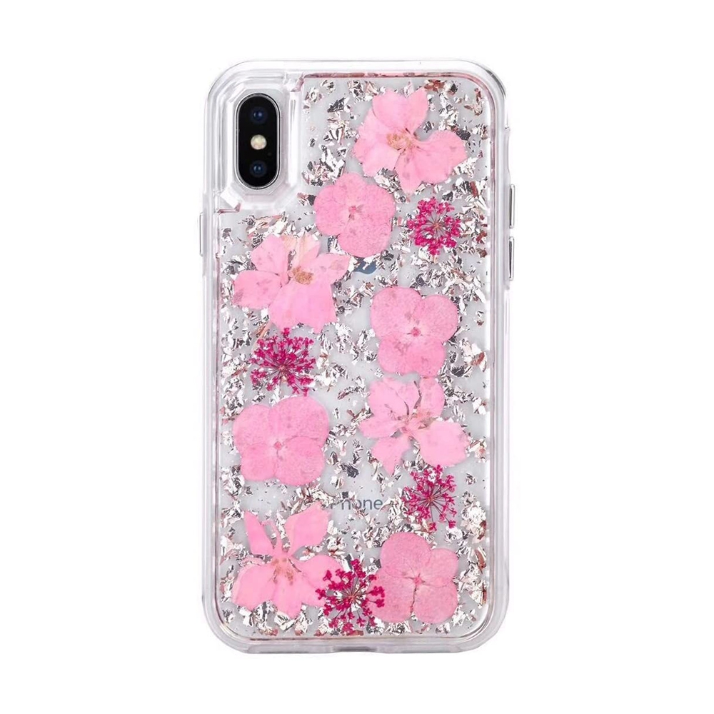 Dried Flower Bling Gold Foil Clear Case Cover for iPhone X / XS-Silver+Pink