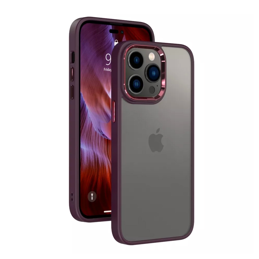 Metal Camera Lens Protection Clear PC Shockproof Case Cover for iPhone 14-Wine