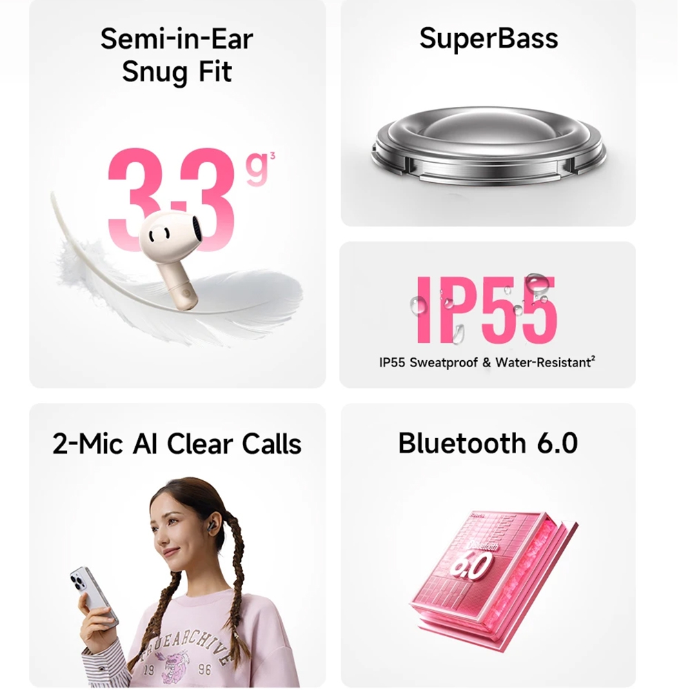 Baseus Bass BS2 Lite Wireless Earbuds-White