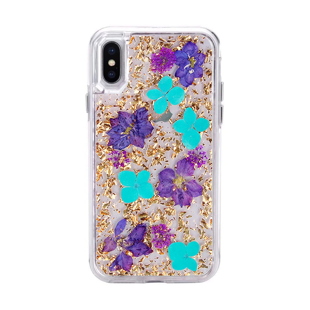 Dried Flower Bling Gold Foil Clear Case Cover for iPhone X / XS-Silver+Pink