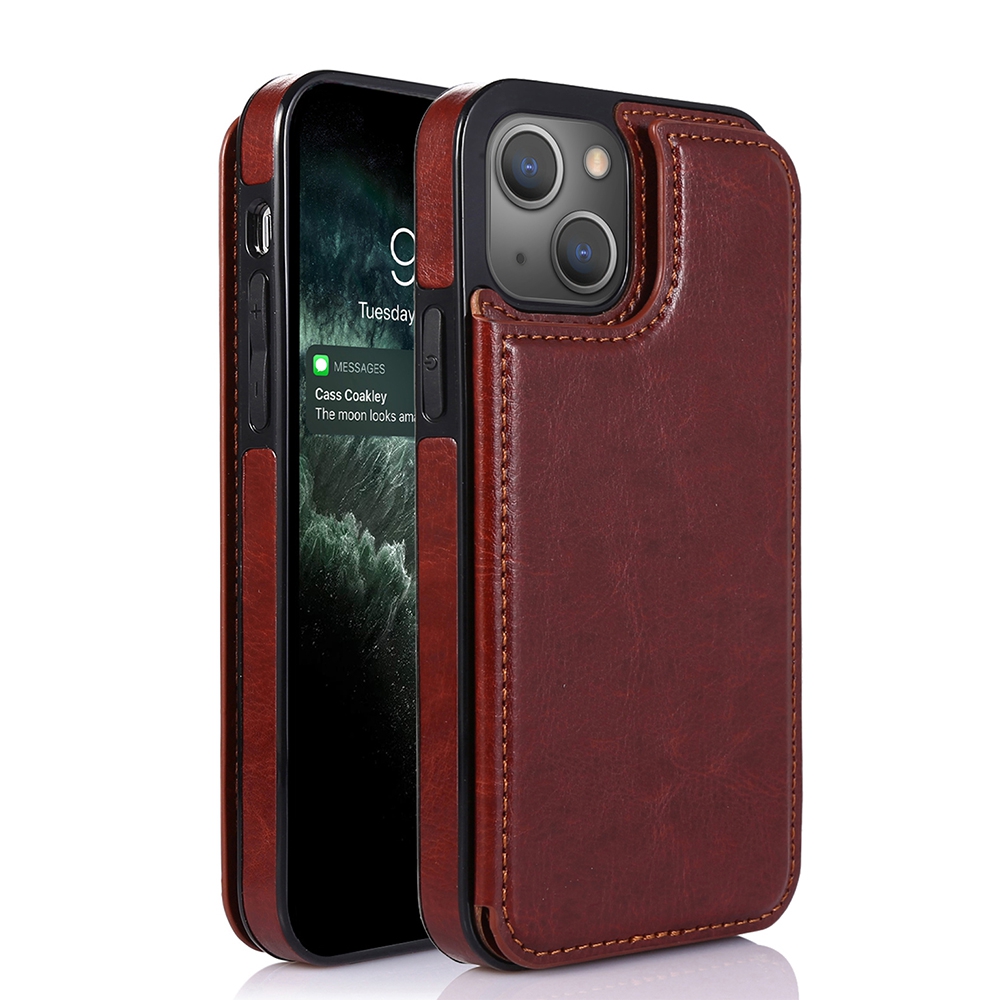 Back Flip Leather Wallet Cover Case for iPhone 13-Brown