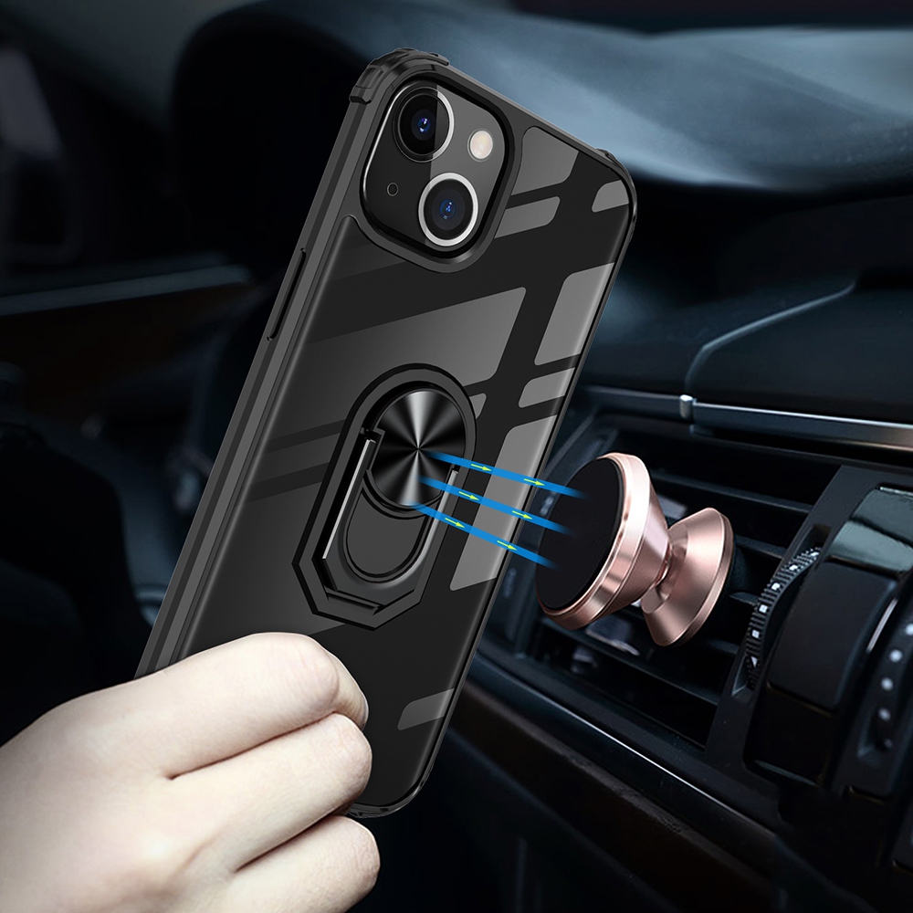 Ring Holder Military Shockproof Car Magnetic Case for iPhone 14-Black