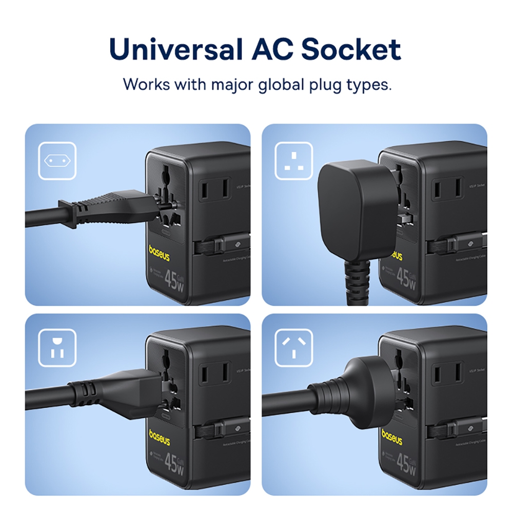 Baseus PicoGo AG11 Universal Travel Adapter with Retractable Cable 2AC+2U+2C 45W