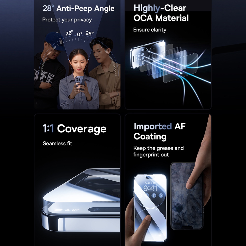 iPhone 15 Pro Max Baseus Sapphire Series Privacy Protection Tempered Glass Screen Protector (with Dust Filter)