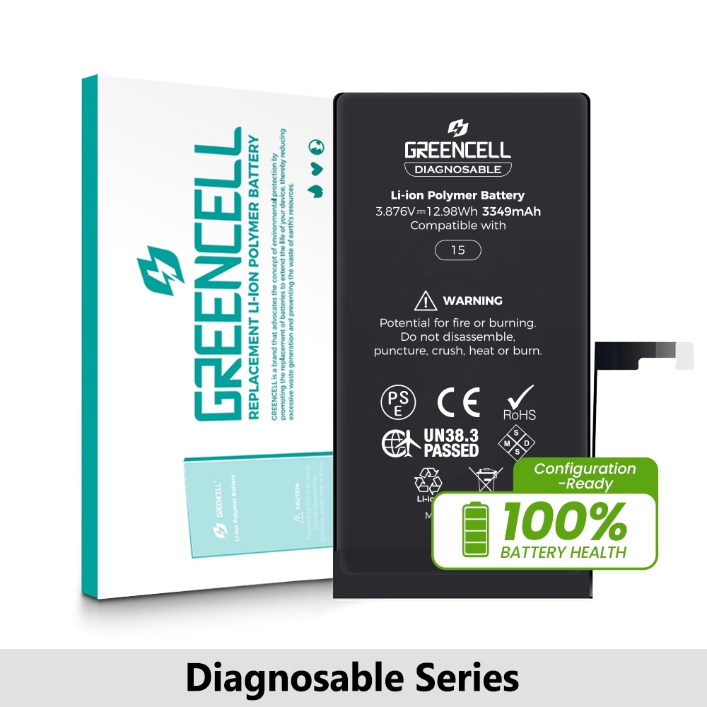 Greencell Diagnosable iPhone 15 Replacement Battery with Adhesive Strips 3349mAh (Configuration Ready)
