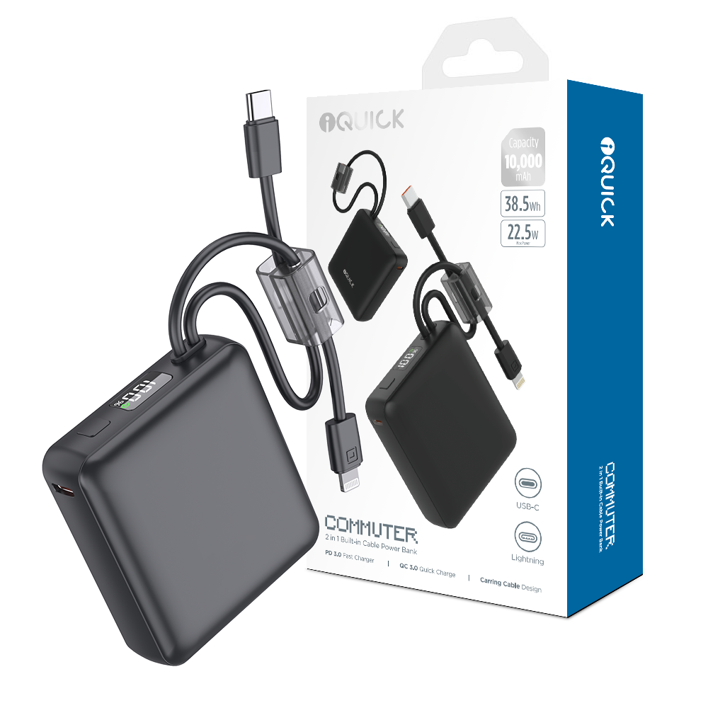 iQuick Built-in Type-C and Lightning Cables Power Bank 10000mAh 22.5W-White