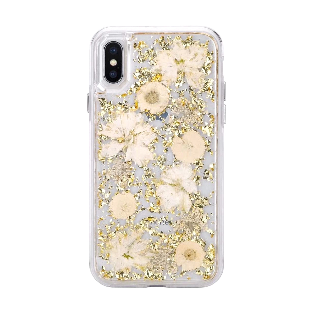 Dried Flower Bling Gold Foil Clear Case Cover for iPhone X / XS-Silver+Pink