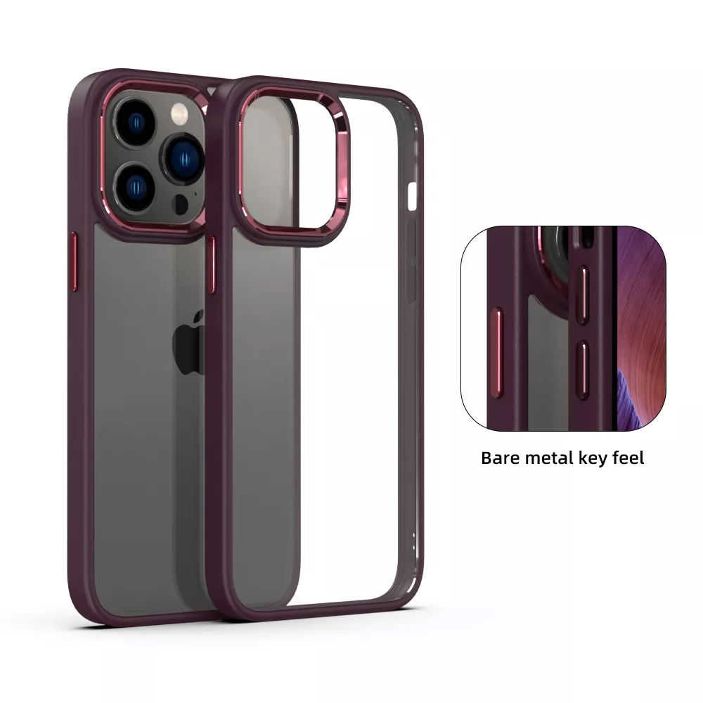 Metal Camera Lens Protection Clear PC Shockproof Case Cover for iPhone 14-Wine