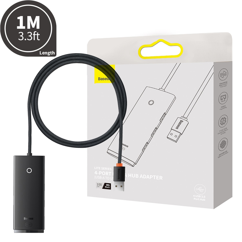 Baseus Lite Series 4-Port USB-A HUB Adapter (USB-A to USB 3.0*4 ) 1m-Black