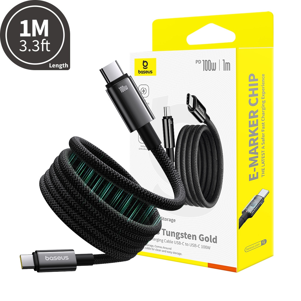Baseus Tungsten Gold Magnetic Charging Cable USB-C to USB-C 100W 1m for 15 / 16 / 17 Series-Cluster