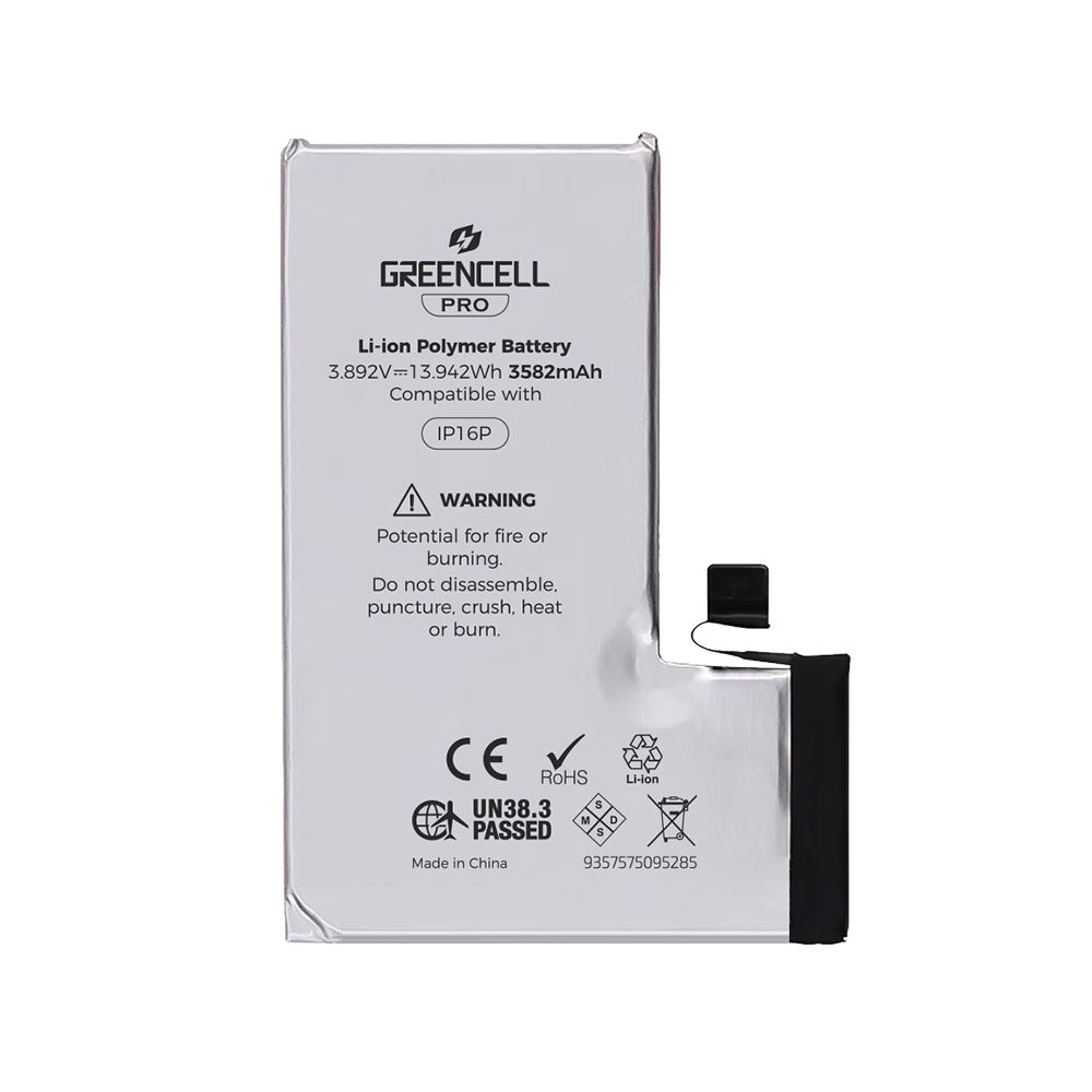 Greencell PRO series-iPhone 16 Pro Replacement Battery with Adhesive Strips 3582mAh (TI chip -27546-A3 IC & Original Cell)