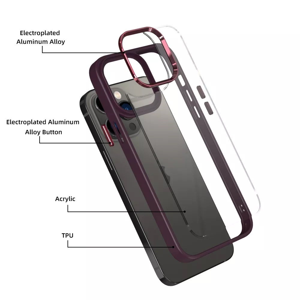 Metal Camera Lens Protection Clear PC Shockproof Case Cover for iPhone 14-Wine