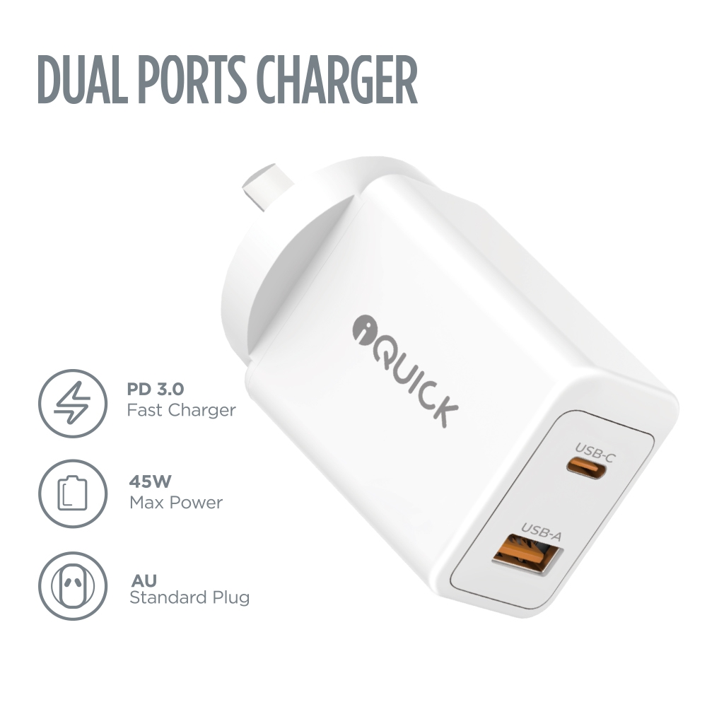 iQuick GaN II 45W PD3.0+QC3.0 Dual Ports Charging Adapter