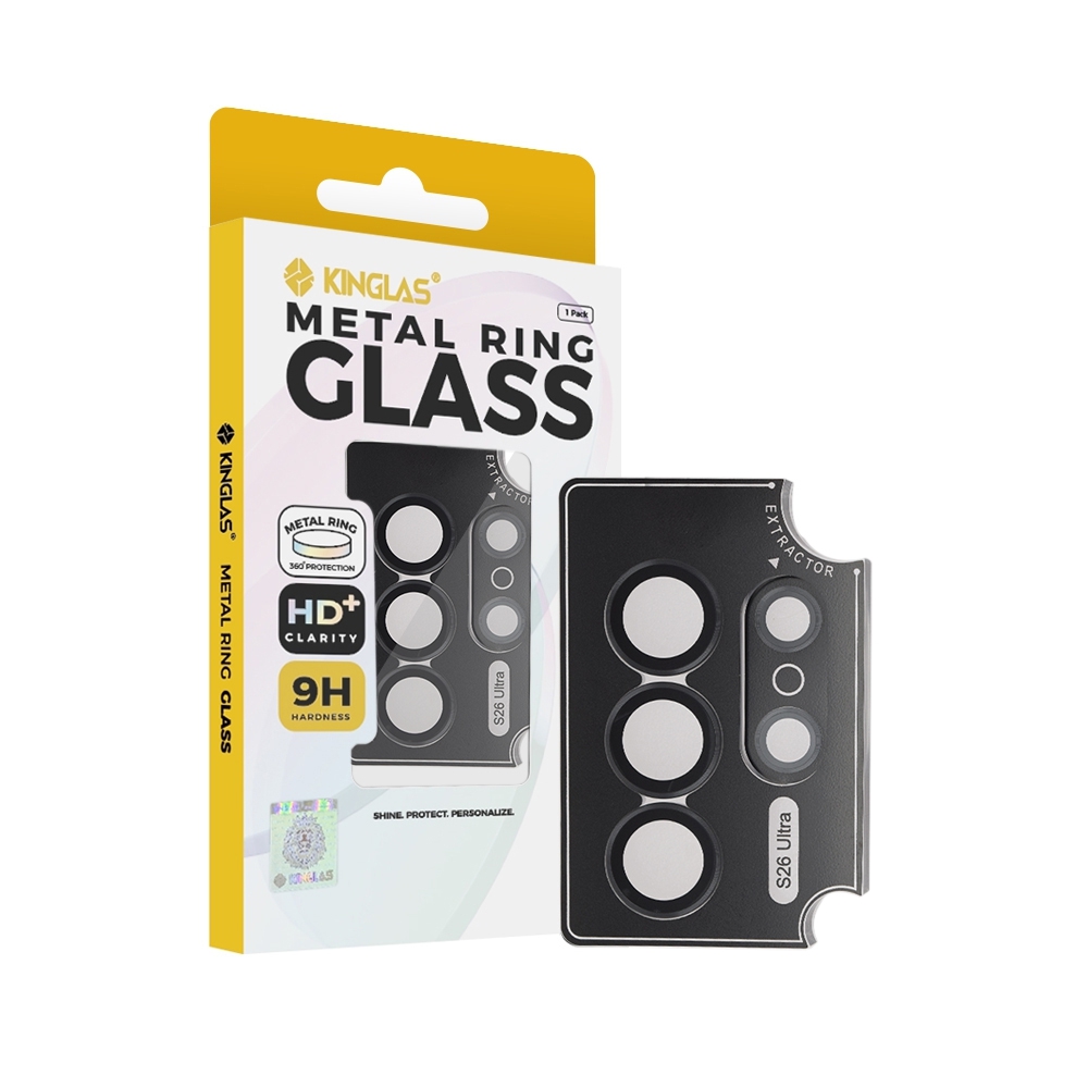 Kinglas Metal Ring HD Tempered Glass Camera Lens Protector Film for SamSung Galaxy S26 Ultra-Black