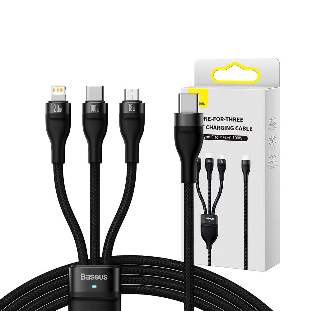 Baseus Flash Series 2 One Drag Three Quick Charging Wire Type-C to M+L+C 100W 1.5M-Black Compatible*iPhone 15 16 Series