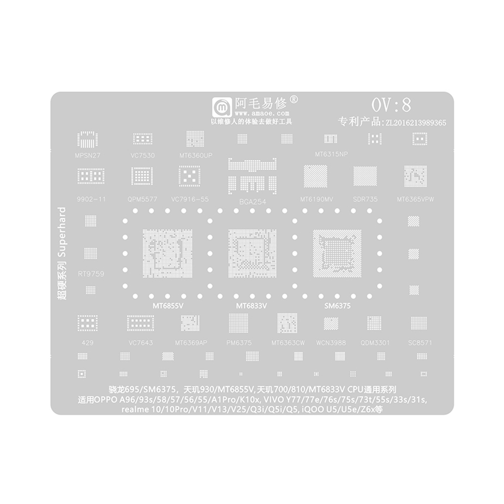 AMAOE BGA Reballing Stencil With CPU Position OV8 for OPPO A96 / VIVO Y77 / Realme 10 / iQOO U5 / U5e / Z6x etc