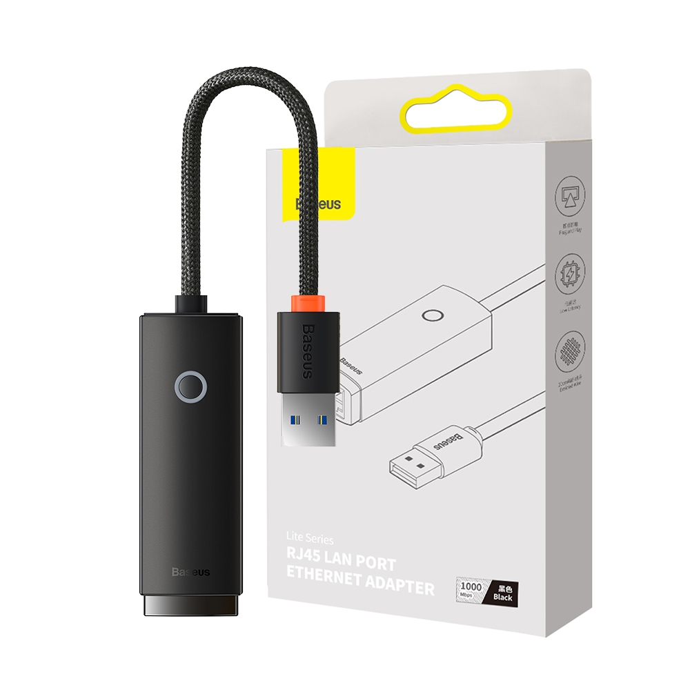 Baseus Lite Series Ethernet Adapter USB-A to RJ45 LAN Port 1000Mbps-Black