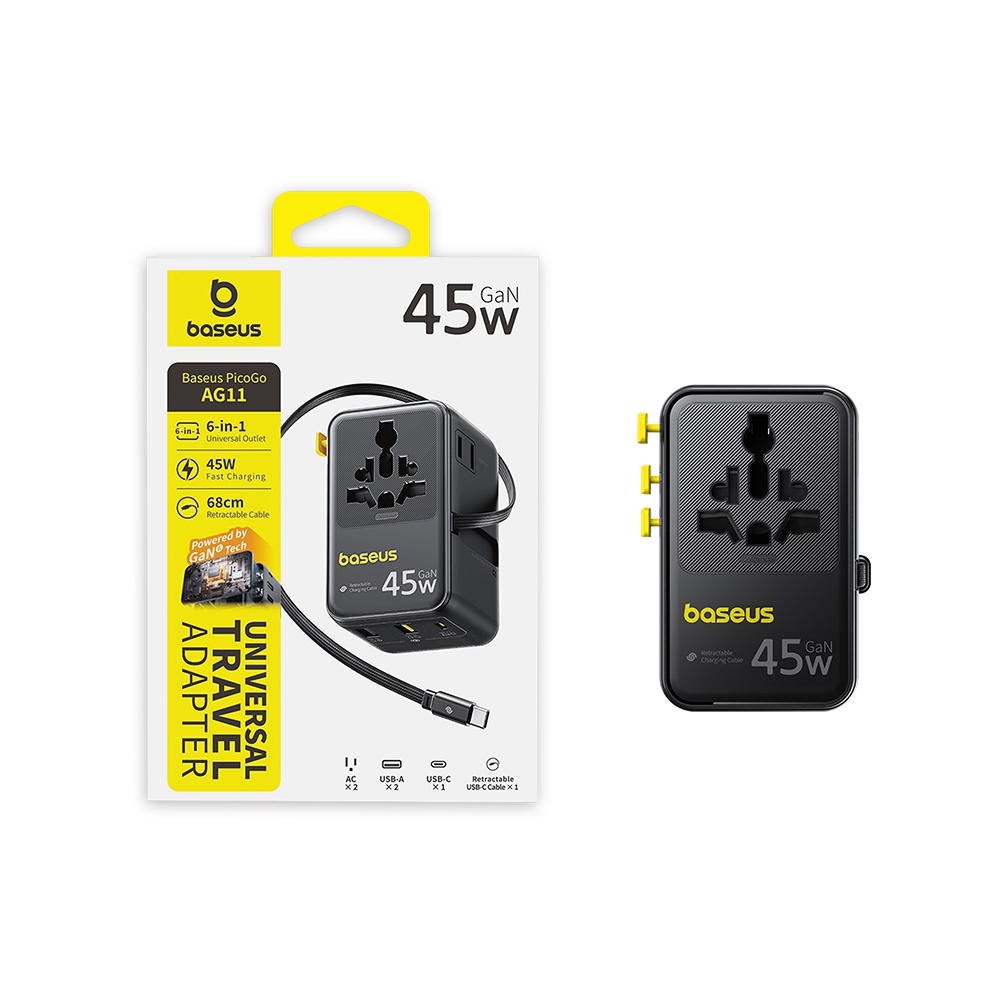 Baseus PicoGo AG11 Universal Travel Adapter with Retractable Cable 2AC+2U+2C 45W