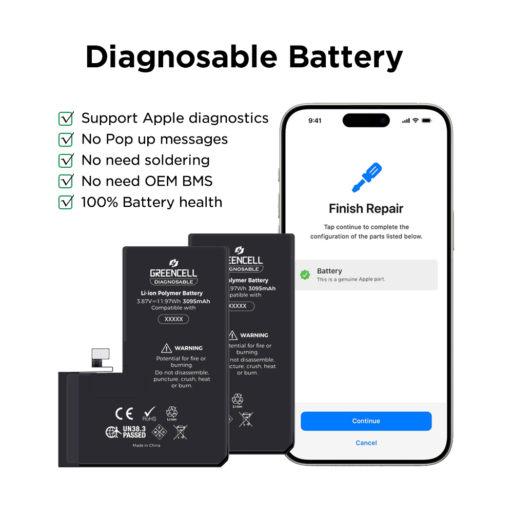 Greencell Diagnosable iPhone 14 Replacement Battery with Adhesive Strips 3279mAh (Configuration Ready)