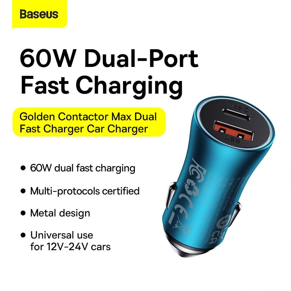 Baseus Car Charger Golgen Contactor Max-USB+Type U+C 60W -Blue