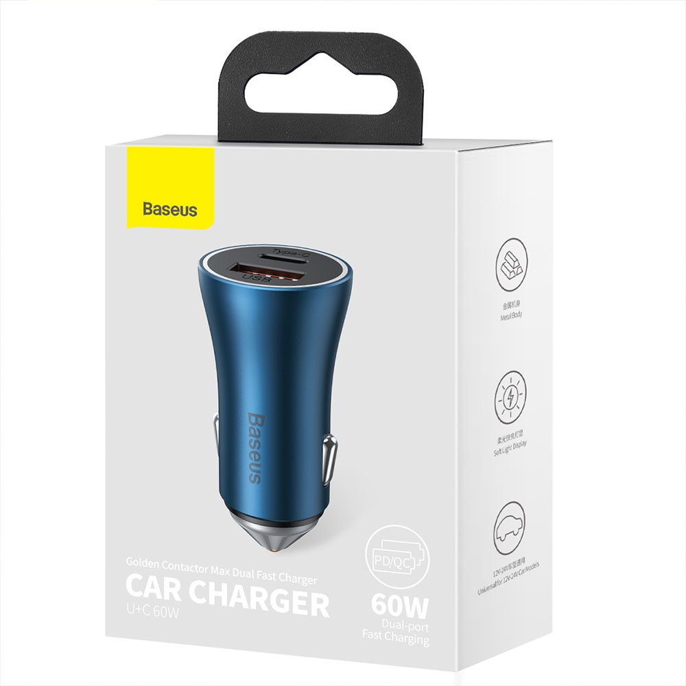 Baseus Car Charger Golgen Contactor Max-USB+Type U+C 60W -Blue