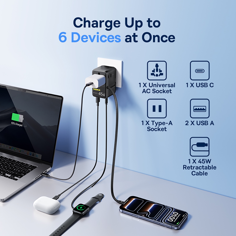 Baseus PicoGo AG11 Universal Travel Adapter with Retractable Cable 2AC+2U+2C 45W
