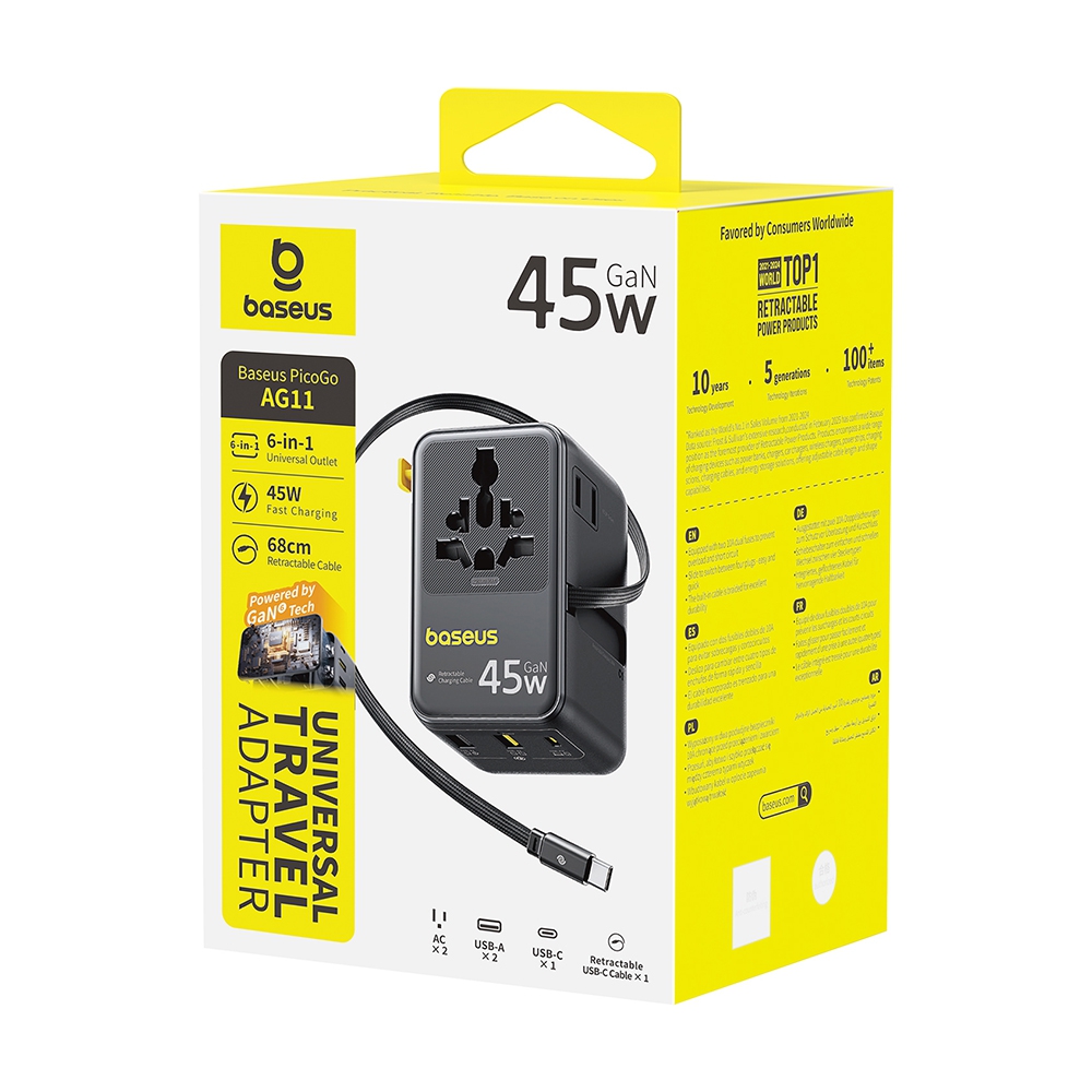 Baseus PicoGo AG11 Universal Travel Adapter with Retractable Cable 2AC+2U+2C 45W