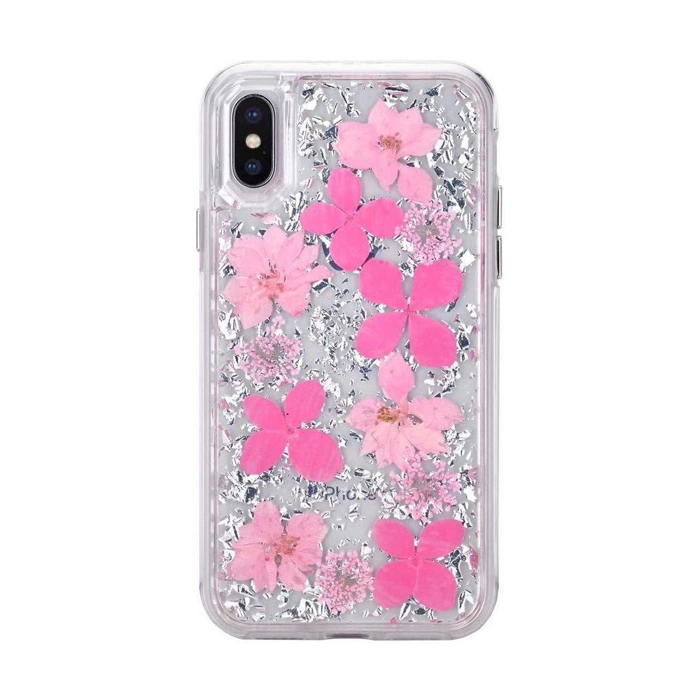 Dried Flower Bling Gold Foil Clear Case Cover for iPhone X / XS-Silver+Pink