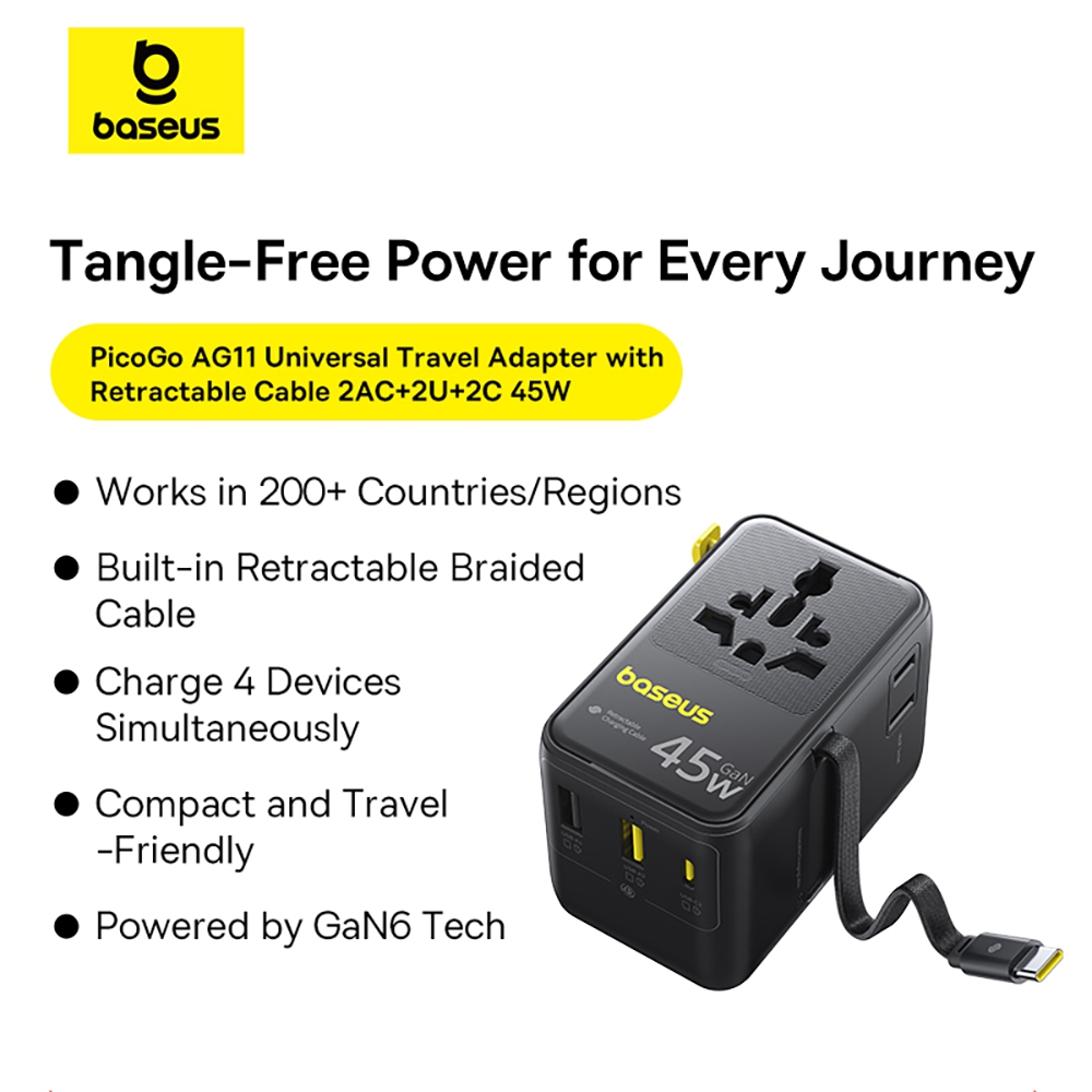 Baseus PicoGo AG11 Universal Travel Adapter with Retractable Cable 2AC+2U+2C 45W