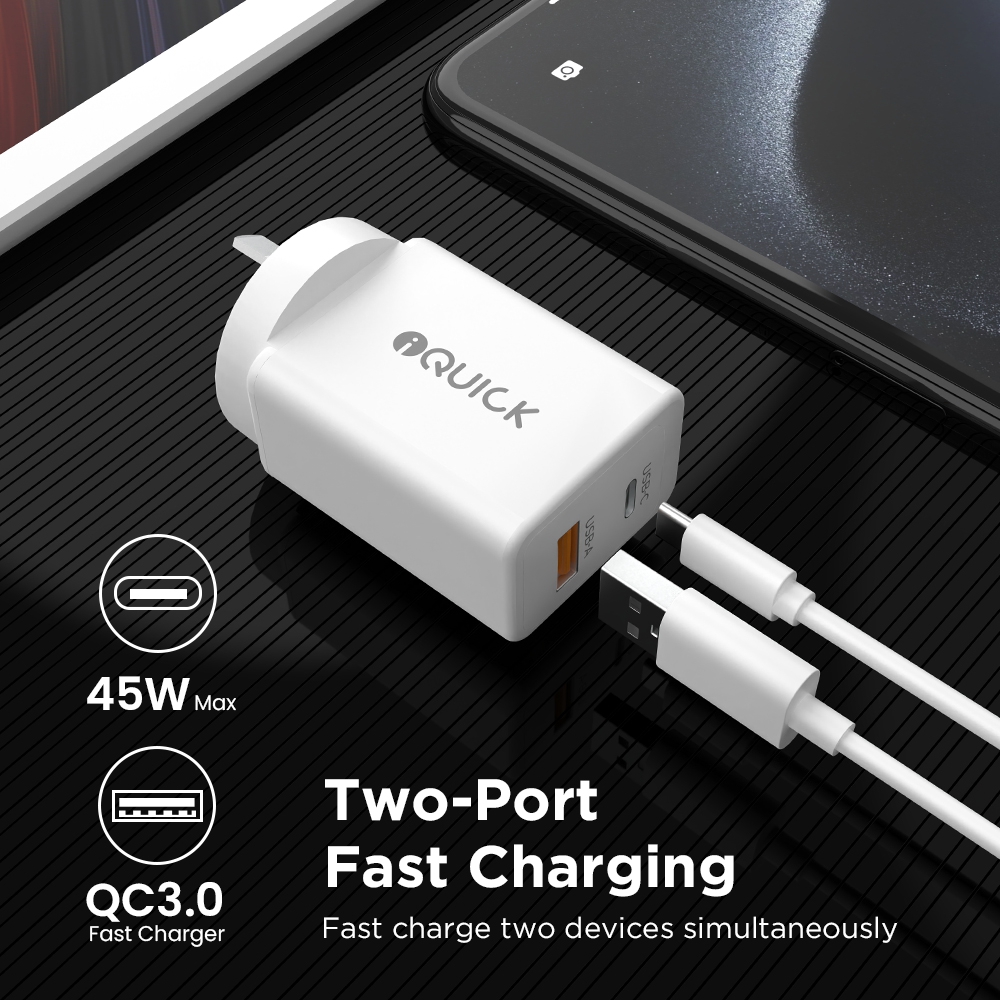 iQuick GaN II 45W PD3.0+QC3.0 Dual Ports Charging Adapter