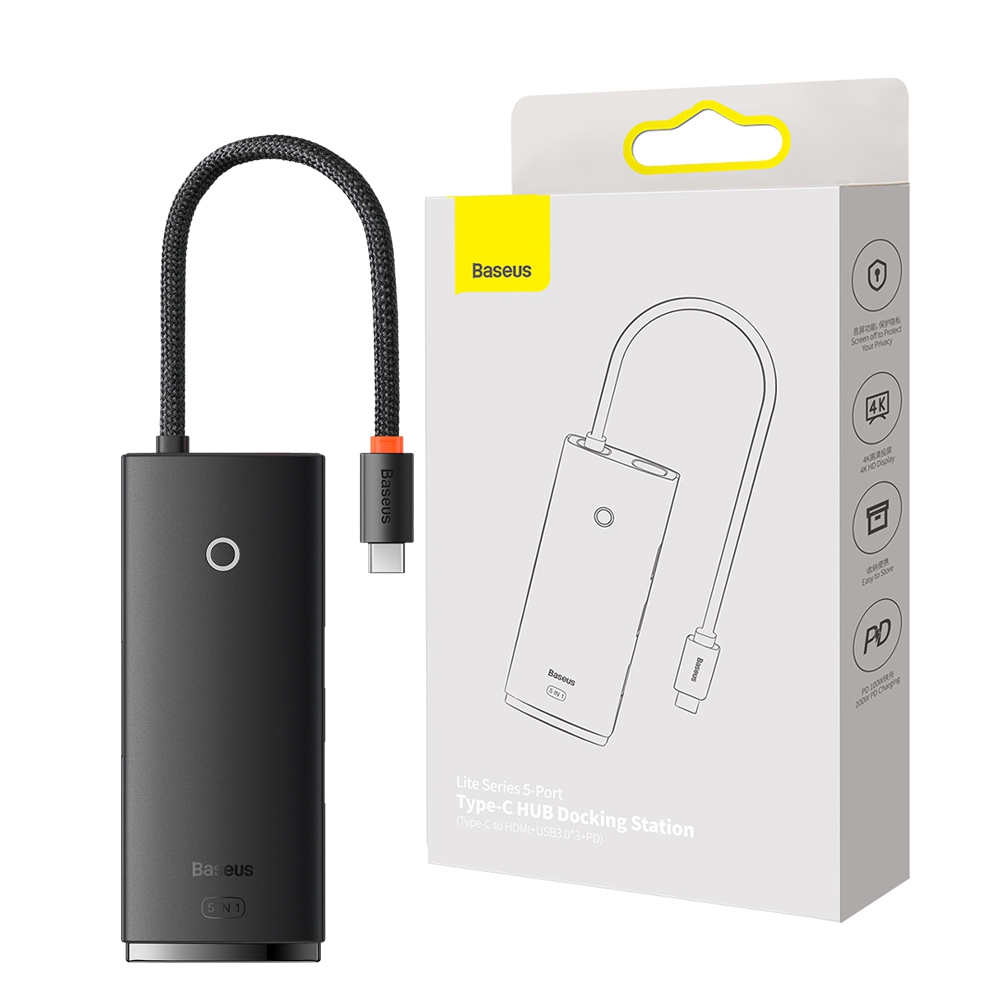 Baseus Lite Series 5-Port Type-C HUB Docking Station (Type-C to HDMI+USB3.0*3+PD)-Black