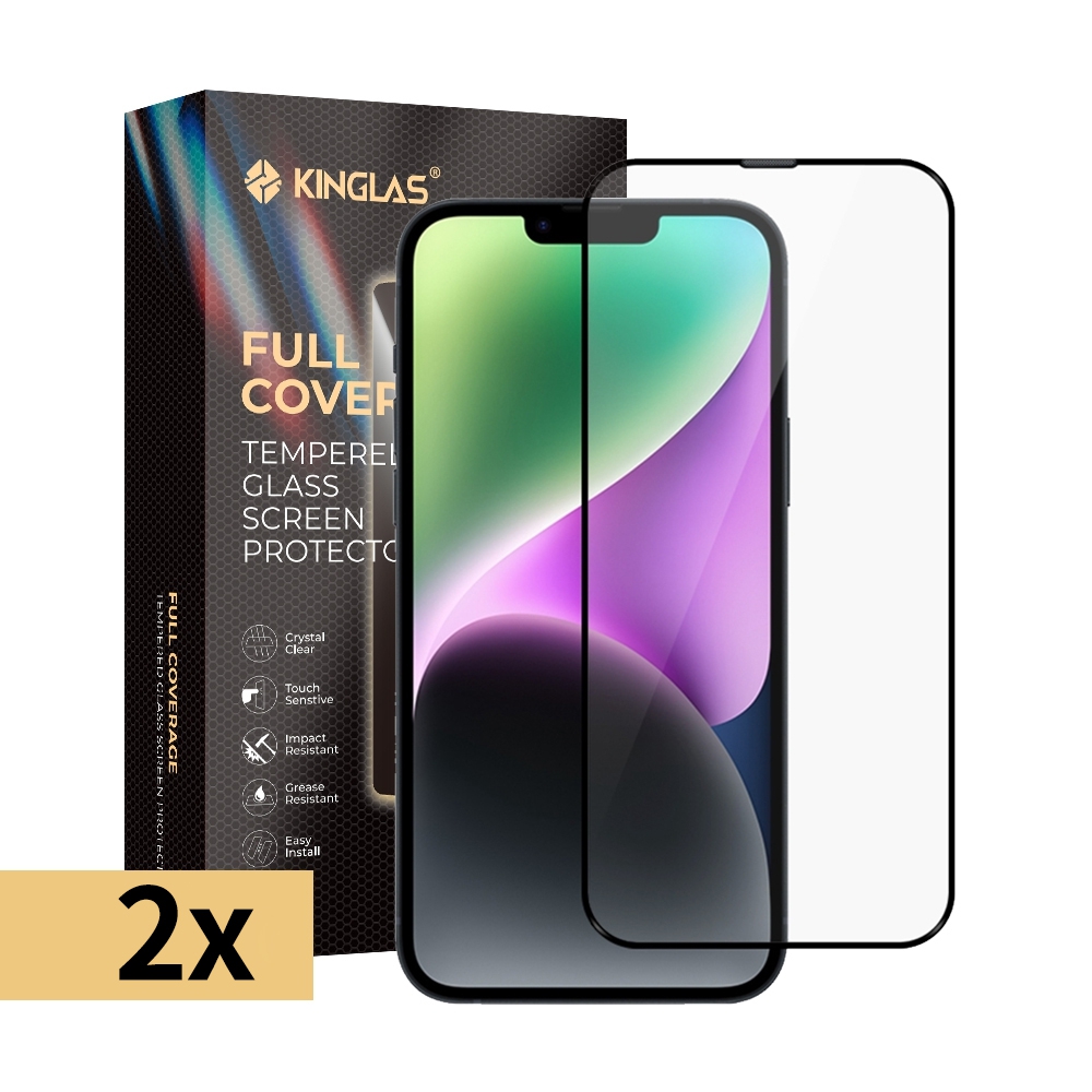 Kinglas 2 Packs 2.5D Full Coverage Silk Printing Black Edge Tempered Glass Screen Protector For iPhone 13 Pro Max / 14 Plus