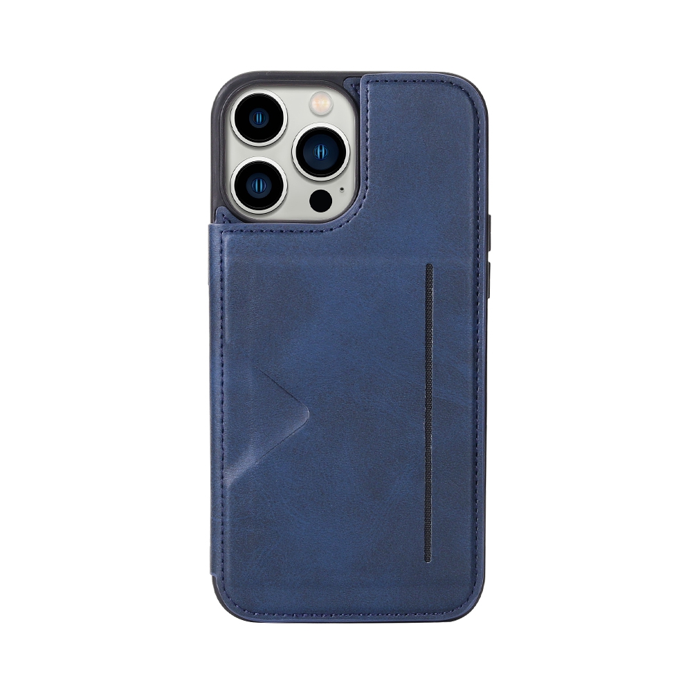 Hanman Back Flip Leather Wallet Shockproof Cover Case for iPhone 14 Max (Plus)-Navy
